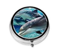 Dolphins Printed Round Travel Pill Box Cute Small Metal Pocket Pill Case for Men & Women 3 Compartment Portable Pill Organizer for Purse or Pocket