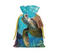 Dolphins Sea Turtle Coral Reef Christmas Gift Bags with Tags & Ribbon Ties, Xmas Drawstring Candy Treat Bag Christmas Gifts Sacks Reusable Gift Wrapping Bags for Holiday Party Favors Small