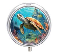 Dolphins Sea Turtle Coral Reef Pill Box Cute Round Pill Case Portable Medicine Tablet Vitamin Holder Organizer for Purse Pocket