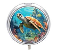 Dolphins Sea Turtle Coral Reef Pill Box Cute Round Pill Case Portable Medicine Tablet Vitamin Holder Organizer for Purse Pocket