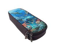 Dolphins Sea Turtle Coral Reef Printed Leather Flip Pencil Case - Multifunctional Organizer for School, Office & Travel