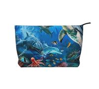 Dolphins Sea Turtle Coral Reef Printed Makeup Bag Corduroy Travel Cosmetic Bags Cosmetic Case Toiletry Bag Organizer for Women Mom Girls