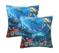 Dolphins Sea Turtle Coral Reef Printed Pillowcase 2 Pack 16"x16", Soft Decorative Pillow Cases with Hidden Zipper Double-Sided for Sofa Bed Living Room Bedroom