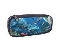 Dolphins Sea Turtle Coral Reef Printed Pu Leather Pencil Case Box Flip Pen Bag and Makeup Cosmetic Holder for Girls Boys School Students