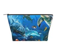 Dolphins Sea Turtle Coral Reef Prints Trapezoid Makeup Bag Travel Cosmetic Organizer with Foam Padding for Gym, Office, and Weekend Trips
