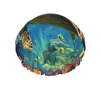 Dolphins Sea Turtle Coral Reef Shower Cap for Women Double Layers Thick Hair Caps Reusable Waterproof Bath Caps with Elastic Band Hair Hat Washable Shower Hat for Men Women Spa Salon