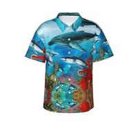 Dolphins Sea Turtle Octopus Coral Reef Hawaiian Shirt - Full-Print Short Sleeve Button-Up Shirt for Men and Teens, Perfect for Beach & Tropical Getaways
