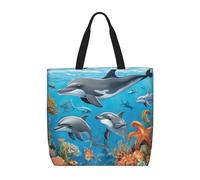 Dolphins Sea Turtle Octopus Coral Reef Large Shoulder Tote Bag for Women Lady Reusable Daily Casual Shoulder Bag for Vacation Travel Picnic Shopping Work Gym, Christmas Halloween Grocery Handbags