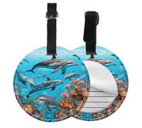 Dolphins Sea Turtle Octopus Coral Reef Print 1/2/4pcs Luggage Tags,Round Leather Travel Suitcase Labels with Privacy Name Address Card
