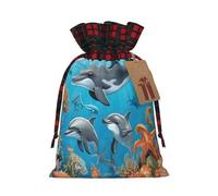 Dolphins Sea Turtle Octopus Coral Reef -Print Multi-Colored Burlap Drawstring Pouches, Eco-Friendly Bags For Parties Wedding Favors Packaging M Size