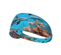 Dolphins Sea Turtle Octopus Coral Reef Print Non-Slip Elastic Running Headband, Sweat Absorbing Stretchy Hair Bands For Gym Yoga, Soft Skin-Friendly Foldable Workout Headband