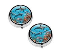 Dolphins Sea Turtle Octopus Coral Reef Print Pill Box 3 Compartment Medicine Pill Case,Portable for Pocket Or Purse Pill Organizer Decorative Metal Medicine Vitamin Organizer Unique Gift