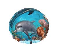 Dolphins Sea Turtle Octopus Coral Reef Print Premium Double Layer Shower Cap For Women With Reusable Shower Cap For Hair - Waterproof Plastic Cap - Shower Caps For Long, Short And Curly Hairs