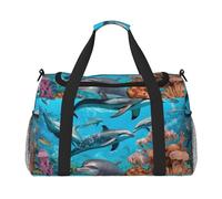 Dolphins Sea Turtle Octopus Coral Reef Print Weekender Bag,Gym Bag with,Carry On Luggage Overnight Weekend Bag, Holdall Handbag & Shoulder Bag for Travel Fitness