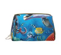 Dolphins Sea Turtle Octopus Coral Reef Printed Small Makeup Bag Portable Leather Make up Bag Travel Zipper Cosmetic Bags Organizer for Women