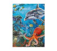 Dolphins Sea Turtle Octopus Coral Reef Printed Wooden Puzzle 500 Piece, Cute Puzzle Game in Plastic Box for Family Entertainment and Brain Training Gifts