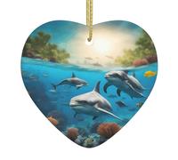 Dolphins Sea Turtle Shark Octopus Coral Print Doublesided Decor Heart-Shaped Ceramic Christmas Ornament Xmas Party Ornaments
