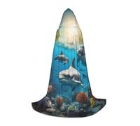Dolphins Sea Turtle Shark Octopus Coral Print Hooded Cloak Teens Kids Adults Halloween Gothic Variety Carnival Cosplay Costume