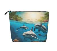 Dolphins Sea Turtle Shark Octopus Coral Print Lightweight Makeup Bag Women Daily Travel Weekend Getaways Toiletry Cosmetic Pouch