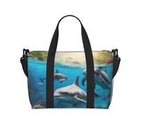 Dolphins Sea Turtle Shark Octopus Coral Print oblique across Hand Travel Bag Polyester Women Men Overnight Duffel Carry-on Tote Bag, Black, One Size, Black, One Size
