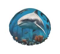 Dolphins Sea Turtle Shark Octopus Coral Print Reusable Double Layers Shower Cap, Bathing Shower Caps Women Large Shower Caps