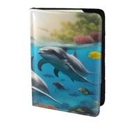 Dolphins Sea Turtle Shark Octopus Coral print Travel Wallet Passport Holder Case for Family Leather Passport Cover for Men Women, Black, One Size
