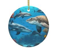 Dolphins Sea Turtle Shark Octopus Coral Reef Print Christmas Decorations Santa Xmas Tree Ceramic Round Hanging Keepsake Gifts Holiday