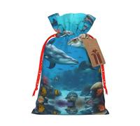 Dolphins Sea Turtle Shark Octopus Coral Reef Print Festive Red Drawstring Bag, Small Favors Pouch Ideal For Christmas Party Gifting-S Size