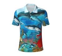 Dolphins Sea Turtle Shark Octopus Coral Reef Print Men's Polo Shirts Short Sleeve, Moisture Wicking Golf Shirts for Men, for Casual Sporty