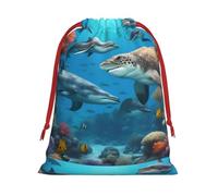 Dolphins Sea Turtle Shark Octopus Coral Reef Print Present Bag, Reusable Organizer For Holiday Celebrations, Xmas Party Favors