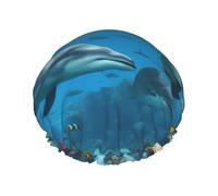 Dolphins Sea Turtle Shark Octopus Coral Reef Print Reusable Double Layers Shower Cap, Bathing Shower Caps Women Large Shower Caps