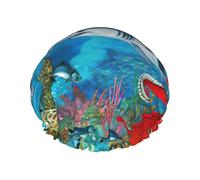 Dolphins Sea Turtle Shark Octopus Coral Reef Print Shower Essentials Bonnet For Women, Large Washable Elastic Band Bath Hair Wrap Shower Cap