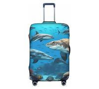 Dolphins Sea Turtle Shark Octopus Coral Reef Print Travel Elastic Suitcase Luggage Baggage Cover Protector, Washable And Anti-Scratch, White, M