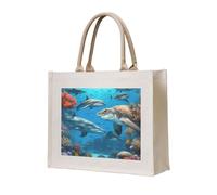 Dolphins Sea Turtle Shark Octopus Coral Reef Print Women Men Tote Bag Reusable Shopping Beach Travel Canvas Lightweight Everyday