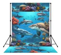 Dolphins Sea Turtle Shark Octopus Coral Reef Printed Photography Backdrop, Wrinkle Resistant Polyester Cloth, Portrait Studio Video Drapes