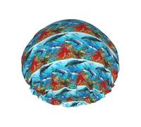 Dolphins Sea Turtle Shark Octopus Coral Reef Printed Reusable Shower Hats, Double Layer Headgear For Spa And Salon, Large Hair Wrap