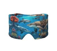Dolphins Sea Turtle Shark Octopus Coral Reef Printed Sleeping Blindfold, Padded Ear Warmer Mask, Adjustable Head Wrap, for Deep Relaxation