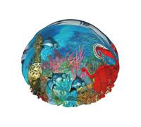 Dolphins Sea Turtle Shark Octopus Coral Reef Shower Cap For Men Cap Women Reusable Waterproof Long Thick Hair Care Hair Short Kids Bath