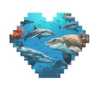Dolphins Sea Turtle Shark Print Art Brick Puzzle Heart Shaped DIY Building Blocks Set 3D Jigsaw Home Decor 53 Pieces