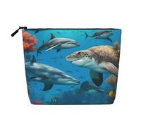 Dolphins Sea Turtle Shark Print Single-Layer Cosmetic Pouch Fake Hemp Makeup Bag Coin Purse for Everyday Use Travel