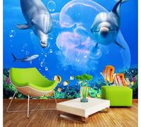 Dolphins Sharks Beautiful Blue Underwater World 3D Wallpaper Easy Install Feature Office Living Room Sofa Bedroom TV Background Wall Decoration-300cm×210cm