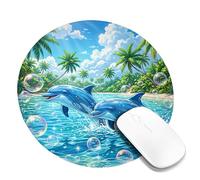 Dolphins Small Mouse Pad, Tropical Vibrant Bubbles Palm Trees Summer Blue Round Rubber Smooth Aesthetic Desk Mousepads Desk Decor for Office Home Dorm Laptop Round 8x8 Inch