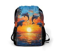 Dolphins Sunset Palm Tree Ocean Drawstring Backpack Dry And Wet Separation Sport Travel Beach Gym Sack String Yoga Bag