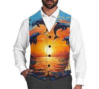 Dolphins Sunset Palm Tree Ocean Men's Vest Suit Classic Waistcoat Vests Casual Business Dress Slim Fit V-Neck Tuxedo XL