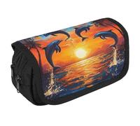 Dolphins Sunset Palm Tree Ocean Portable Pen Case Double Layered Large Capacity Exquisite Pencil Case for Officce