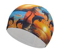 Dolphins Sunset Palm Tree Ocean Swim Cap Soft Bathing Caps High Elasticity Unisex Lightweight Swimming Hat