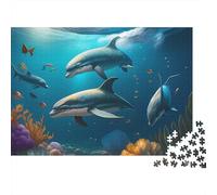 Dolphins Swimming 1000 Pcs 3-Layer Cardboard Underwater Marine Scene Classic Puzzle, Ultra Hard, Stress Relief, Wall Decor & Family Game Night Gift 38x26cm/1000pcs