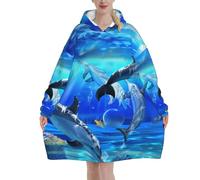 Dolphins Swimming in Ocean Soft Hooded Blanket Oversized, Wearable Hoodie Pullover with Pocket, Cosy Winter Gift Idea for Family and Friends