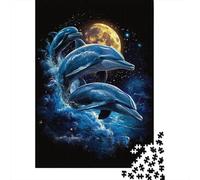 Dolphins Under The Moon 1000-Piece Puzzle for Adults, 52x38cm/1000pcs, White Card Pieces for A Neat Table; An Unhurried Indoor Weekend Activity