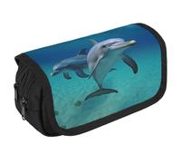 Dolphins Underwater Pencil Case Organizer Large Capacity Cute Pen Pouch with 3 Compartment Office Stationery Large Pencil Bags with Zipper Fabric Pen Bag for Adults Portable Makeup Bag (Black)